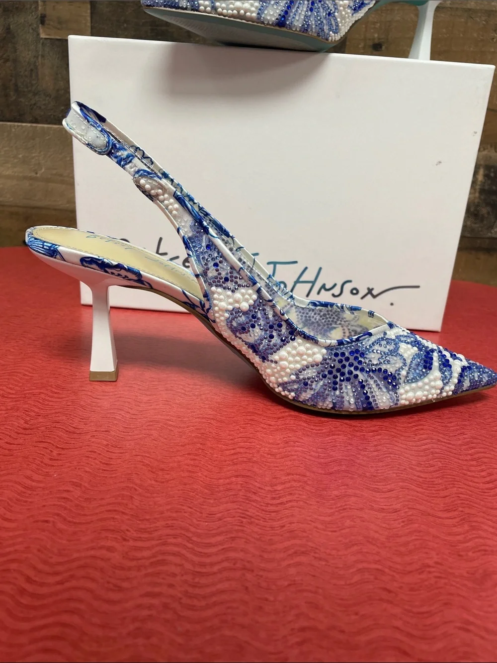Betsey Johnson Blue and White Beaded Slingback Heels - Picture 5 of 5